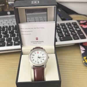 Swiss Army Victorinox Men's Watch with White Dial and Brown Leather Band